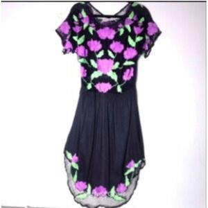 Alison Boho Embroidered Blk/Purple Floral Crochet Scalloped Hem Shirt Dress OS